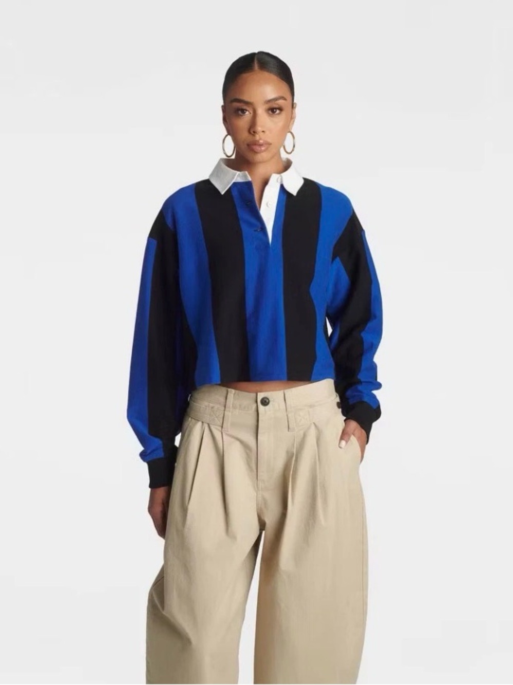 KBB by KAHLANA Cropped Blue & navy Stripe Rugby Top with White Collar